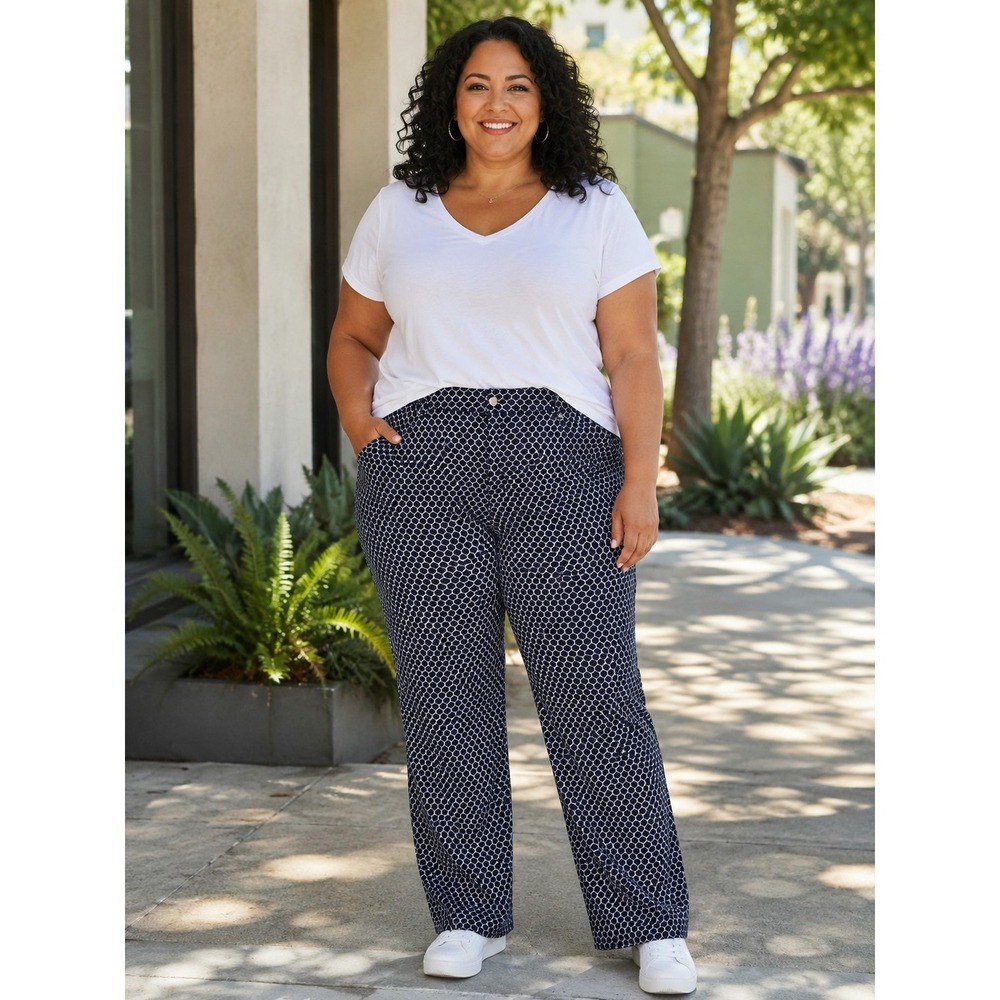 Charter Club Jean Shop Women 18W Navy Geometric Print Straight Leg Stretch Pants